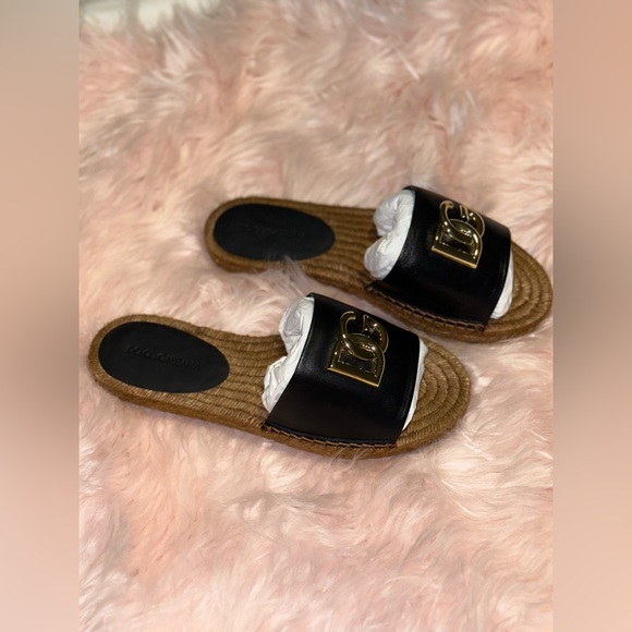 Dolce & Gabbana Logo Leather Flat Espadrille Sandlas size - Picture 2 of 7